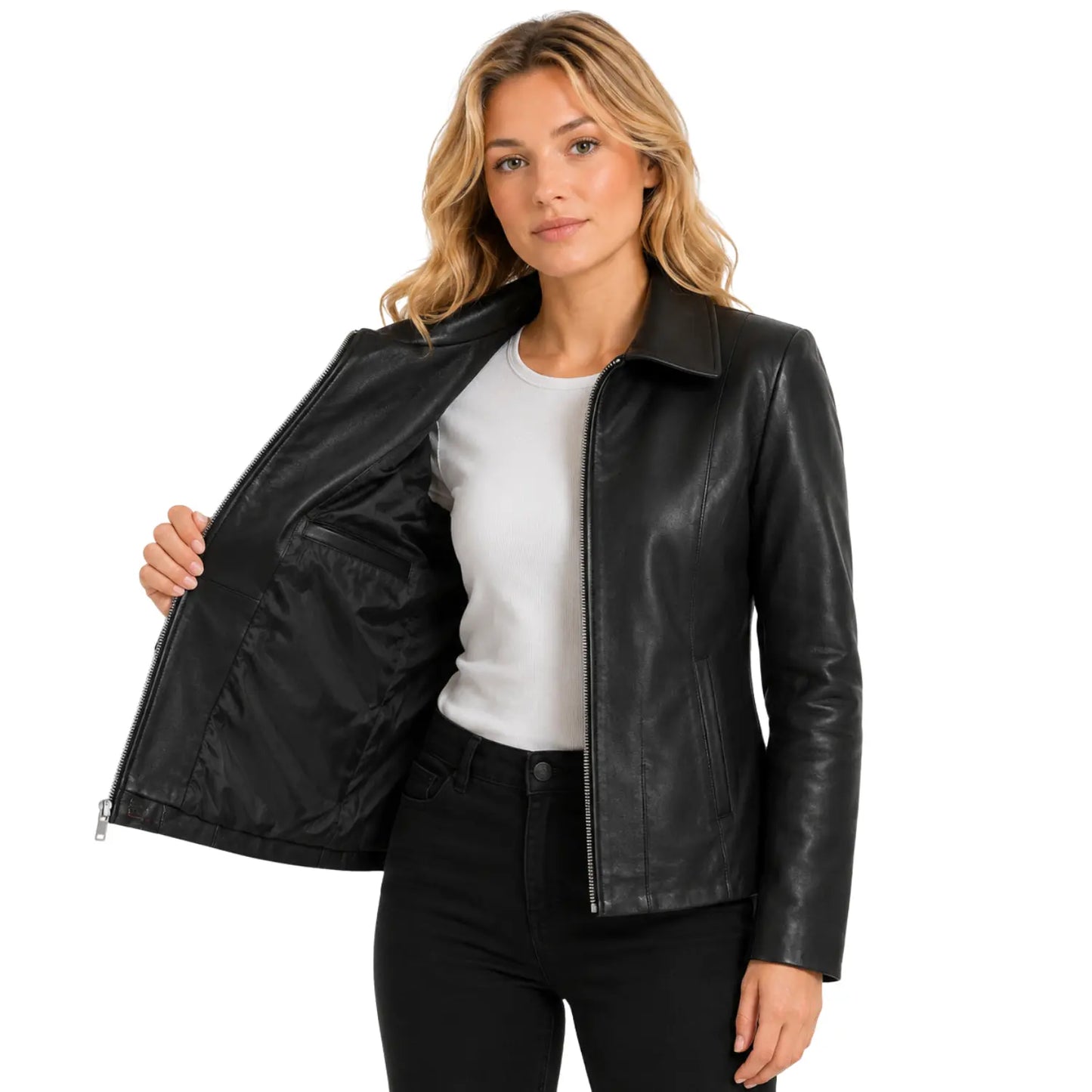 Women’s Julia black leather zip-up jacket open view showing interior lining