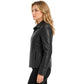 Women’s Julia black genuine leather zip-up jacket side profile view