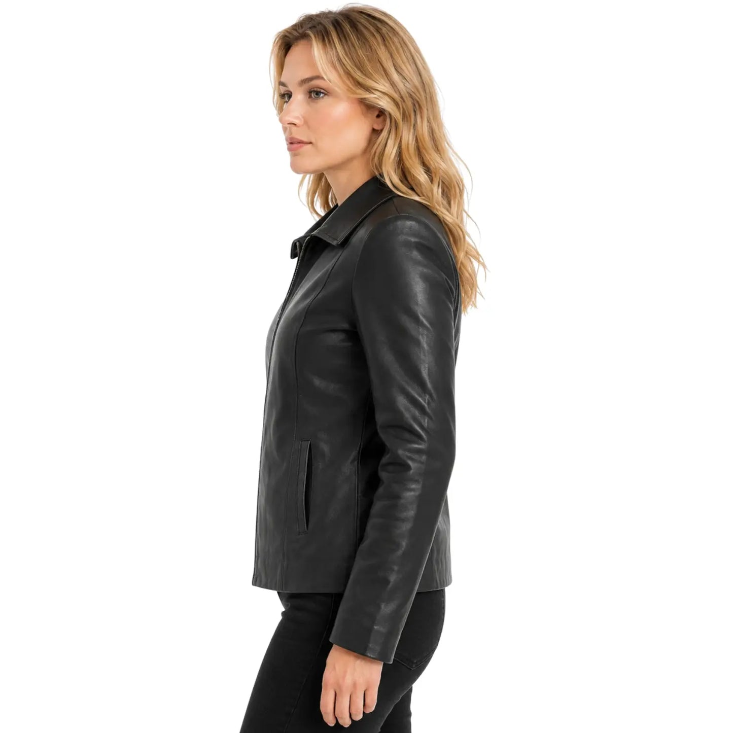Women’s Julia black genuine leather zip-up jacket side profile view