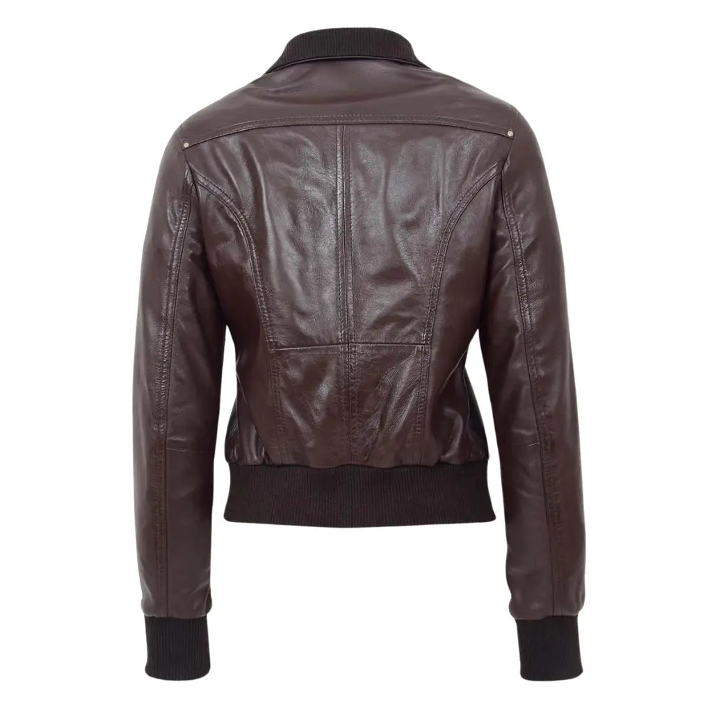 Back view of Women's Leather Classic Bomber Jacket Motto Brown featuring premium genuine leather and rib-knit waistband