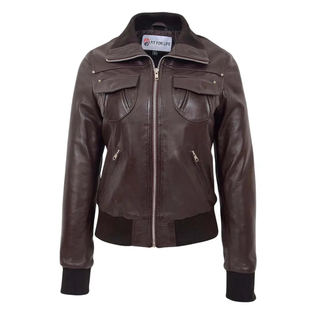 Women's Leather Classic Bomber Jacket Motto Brown front view in soft genuine sheep nappa leather with rib-knit collar, cuffs, and hem