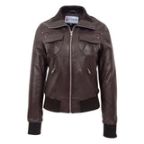 Women's Leather Classic Bomber Jacket Motto Brown front view in soft genuine sheep nappa leather with rib-knit collar, cuffs, and hem