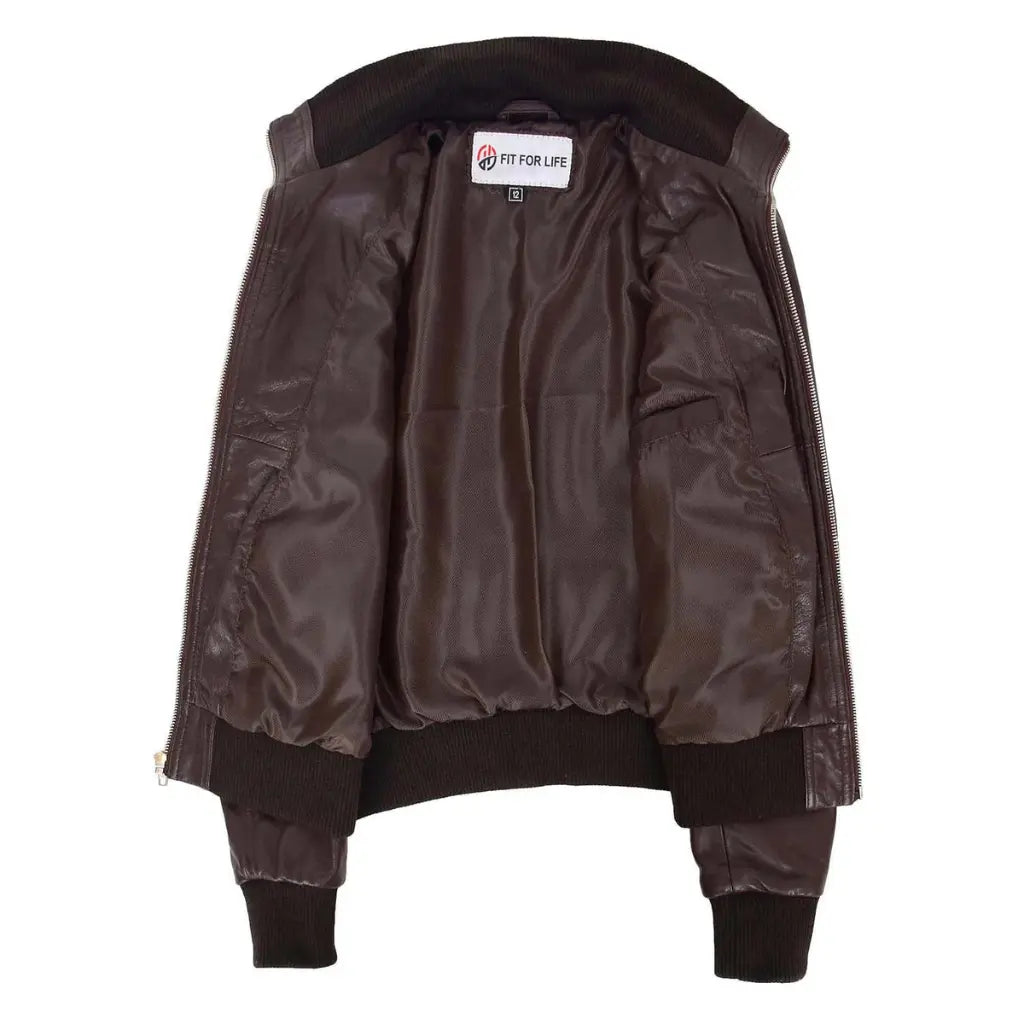 Interior view of Women's Leather Classic Bomber Jacket Motto Brown with smooth polyester lining and inside pocket