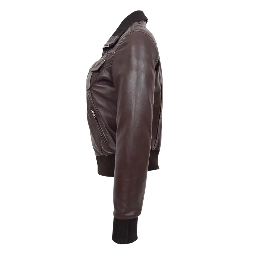 Side profile of Women's Leather Classic Bomber Jacket Motto Brown showing tailored fit, rib-knit cuffs, and soft leather finish