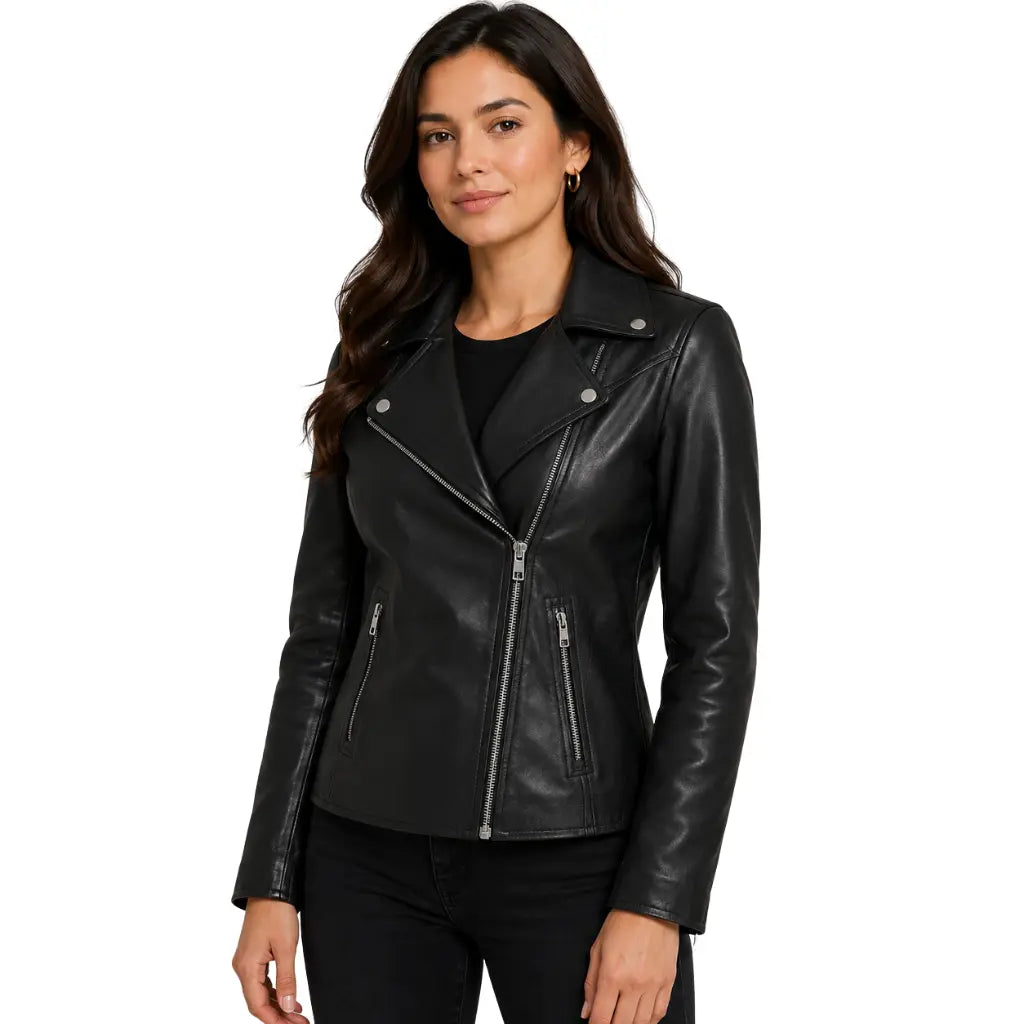 Women's Premium Leather Biker Jacket Lola Black front view in genuine leather
