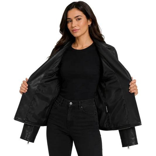 Women's Premium Leather Biker Jacket Lola Black interior lining with Tricogear label