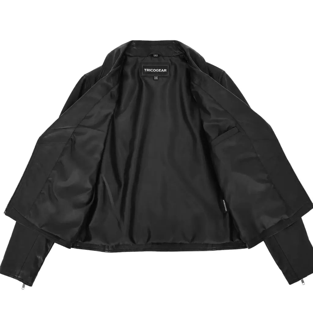 Women's Premium Leather Biker Jacket Lola Black open front showing polyester lining
