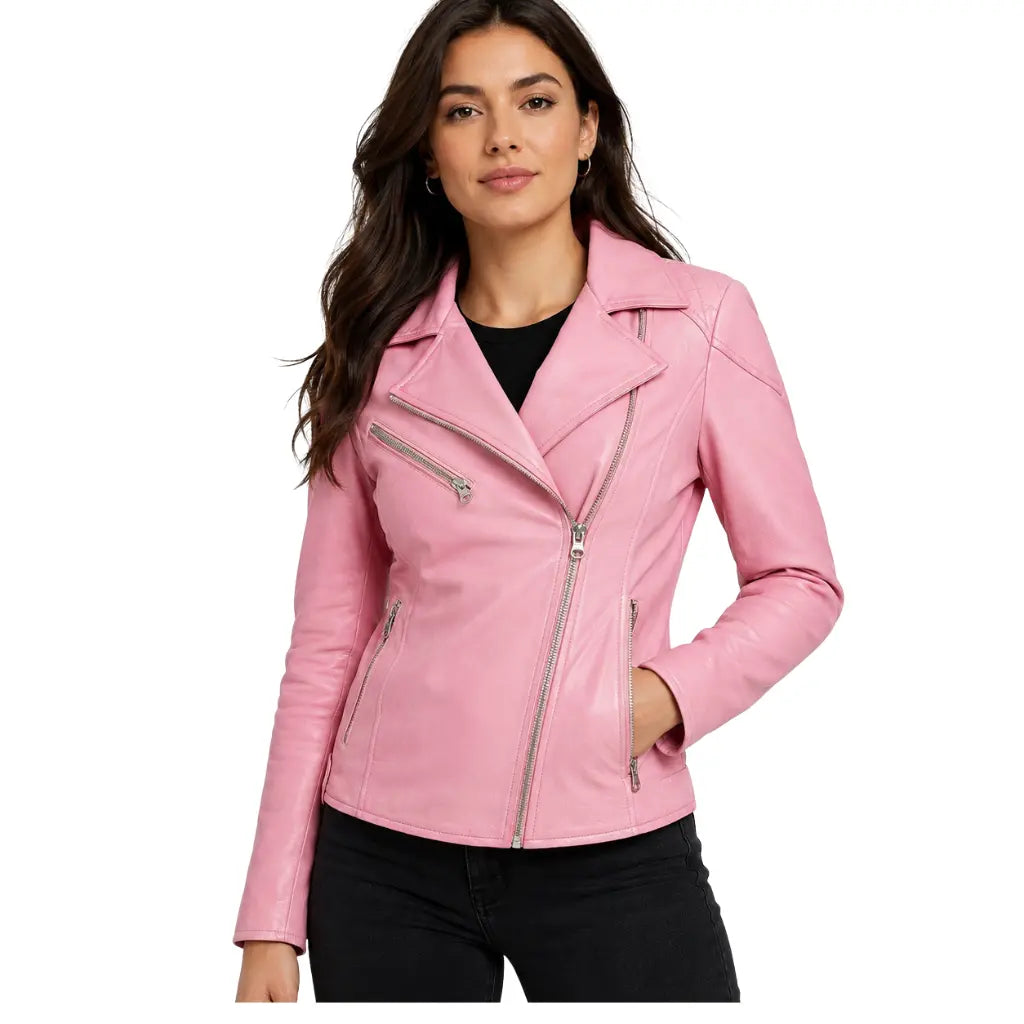 Women's Real Leather Biker Jacket in Cherry Pink with cross zip fastening, quilted shoulders and zip pockets – front view