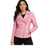 Women's Real Leather Biker Jacket in Cherry Pink with cross zip fastening, quilted shoulders and zip pockets – front view