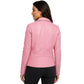 Back view of the Women's Cherry Pink real leather biker jacket with quilted waist panel and zip cuffs