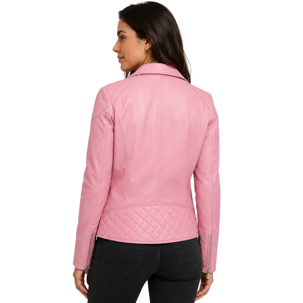 Back view of the Women's Cherry Pink real leather biker jacket with quilted waist panel and zip cuffs