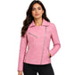 Women's Cherry Pink real leather biker moto jacket with asymmetrical cross zip and quilted shoulder detail – angled front view