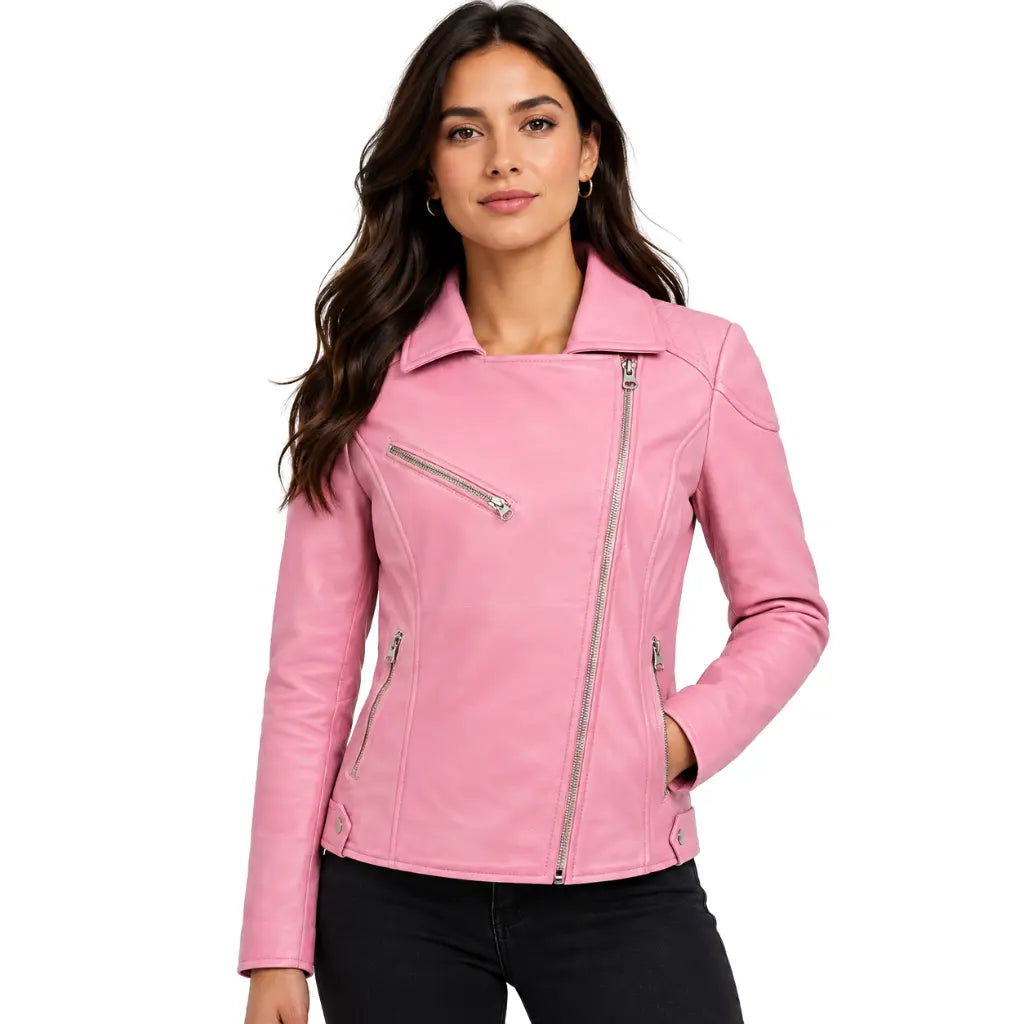 Women's Cherry Pink real leather biker moto jacket with asymmetrical cross zip and quilted shoulder detail – angled front view
