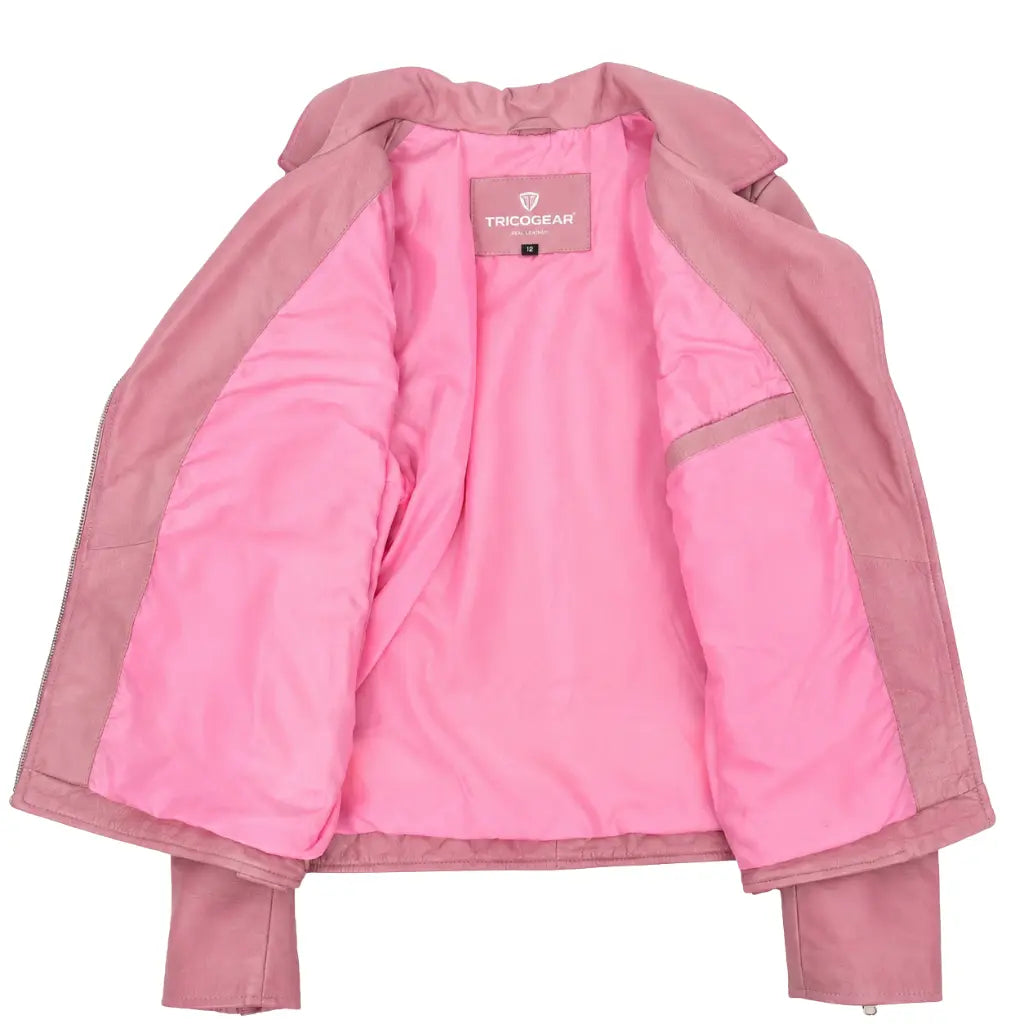 Women's Cherry Pink real leather biker jacket with soft pink polyester lining and interior pocket