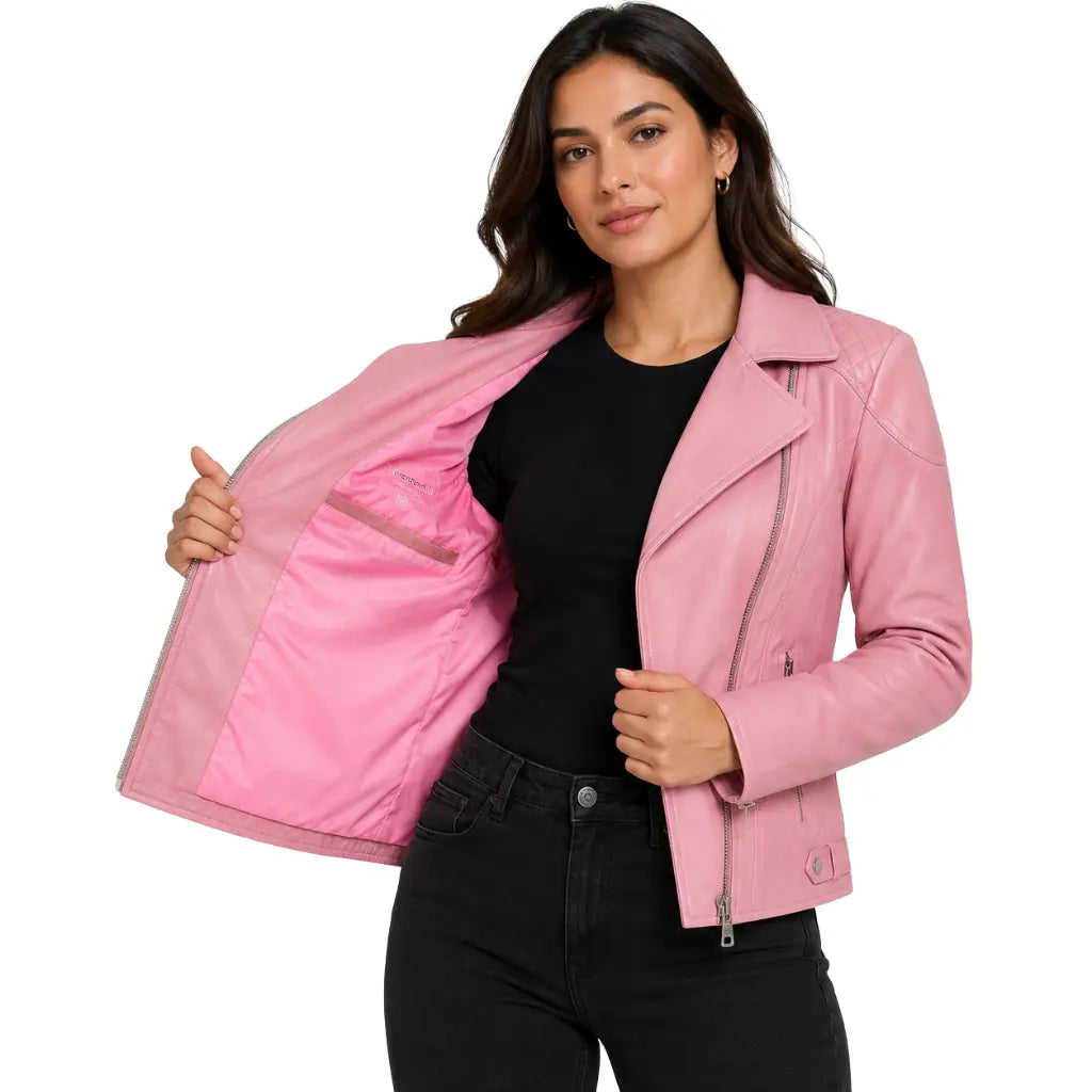 Women's Cherry Pink real leather biker jacket featuring an open collar, cross zip fastening and multiple zip pockets