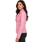 Side view of the Women's Cherry Pink real leather biker moto jacket with fitted silhouette and quilted panels