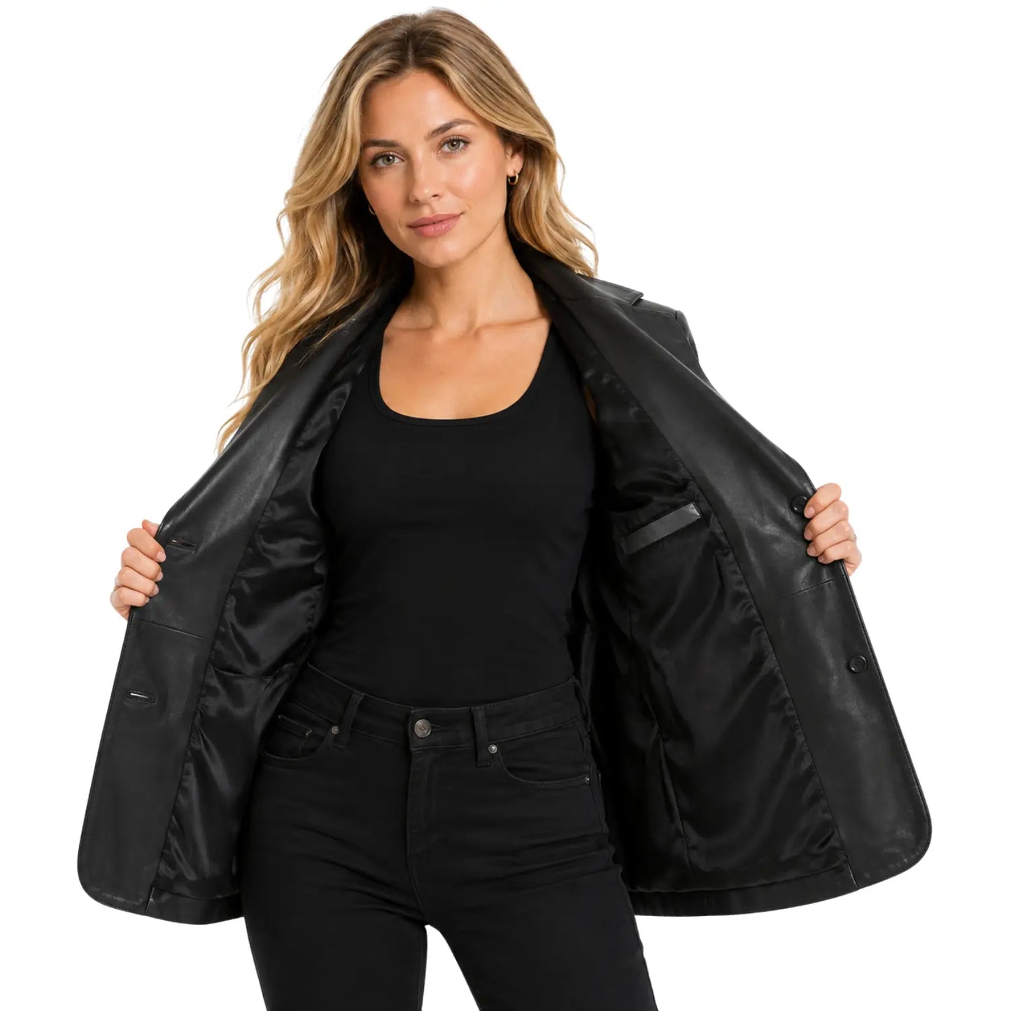 Women’s Shirley Black genuine leather blazer open front showing interior lining