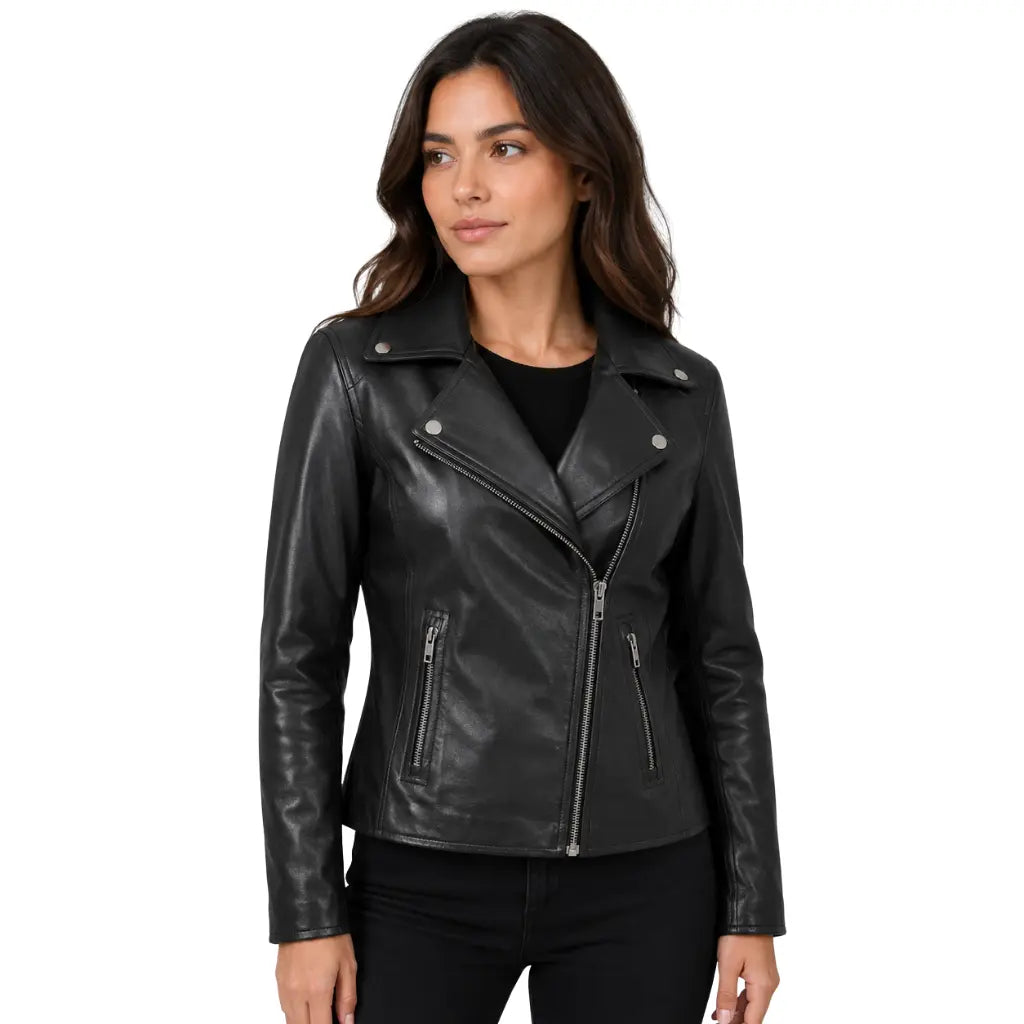 Women's soft leather asymmetrical zip biker jacket Lola Black front view with silver zip fastening