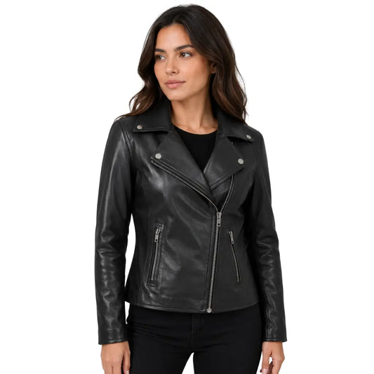 Women's soft leather asymmetrical zip biker jacket Lola Black front view with silver zip fastening