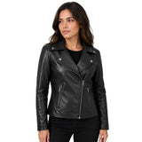 Women's soft leather asymmetrical zip biker jacket Lola Black front view with silver zip fastening