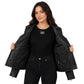 Women's soft leather asymmetrical zip biker jacket Lola Black worn open showing interior lining and Tricogear branding