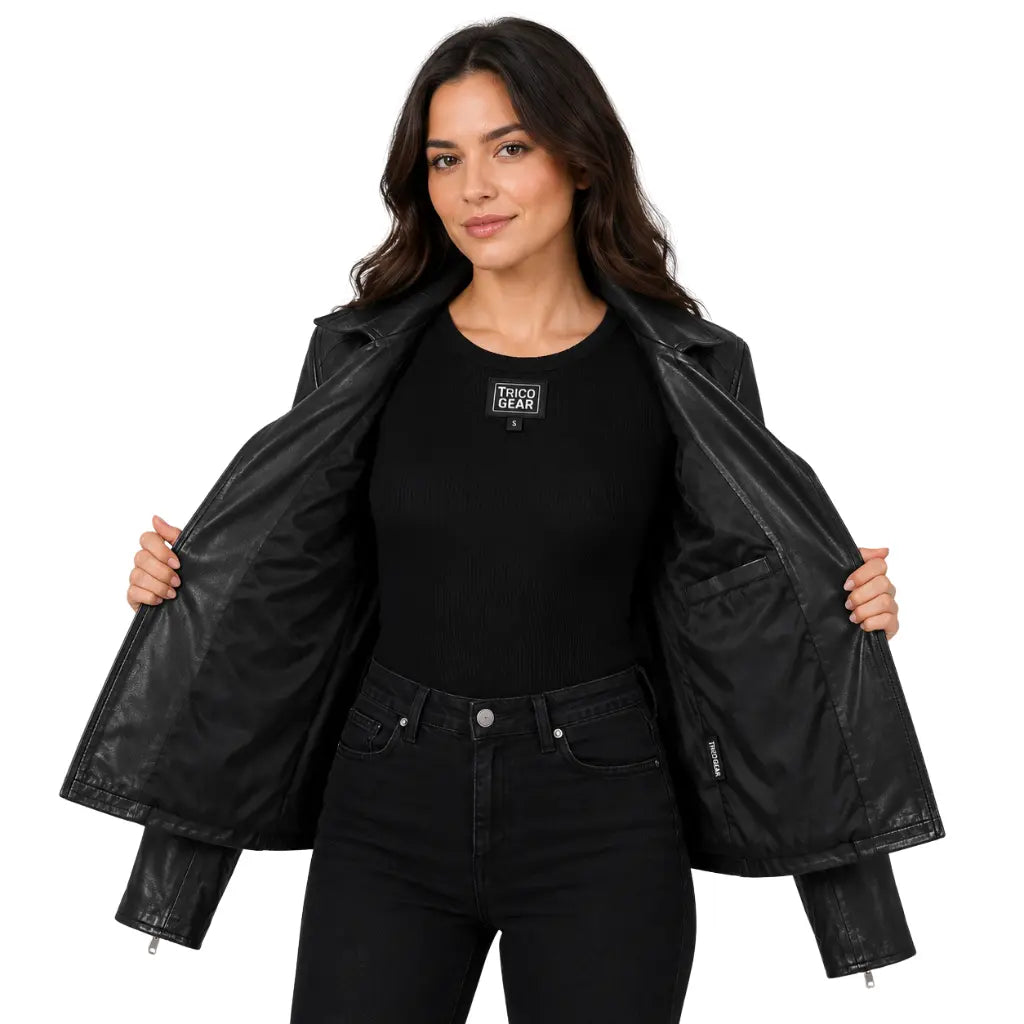 Women's soft leather asymmetrical zip biker jacket Lola Black worn open showing interior lining and Tricogear branding