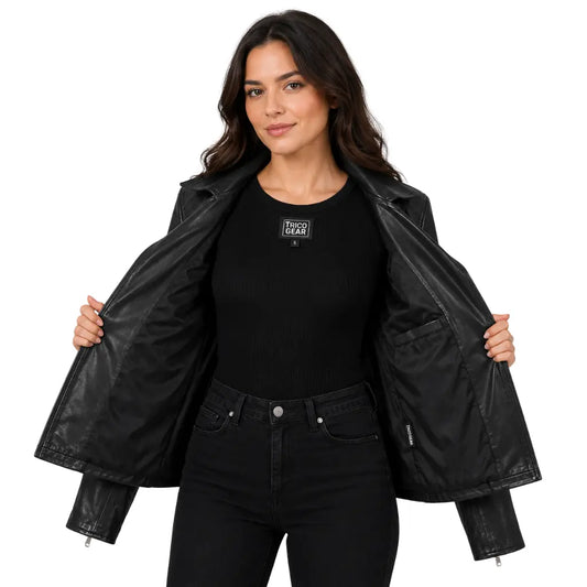 Women's soft leather asymmetrical zip biker jacket Lola Black worn open showing interior lining and Tricogear branding