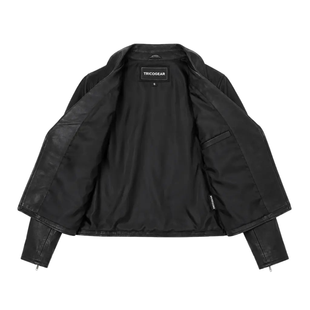 Women's soft leather asymmetrical zip biker jacket Lola Black showing smooth inner lining and Tricogear label