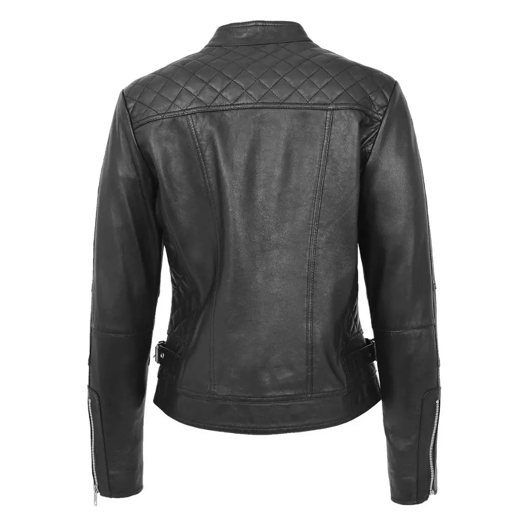 Back view of Women's Soft Leather Casual Zip Biker Jacket Ruby Black featuring quilted shoulder panels and adjustable waist tabs