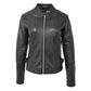 Women's Soft Leather Casual Zip Biker Jacket Ruby Black front view with stand collar, full zip closure and zip pockets
