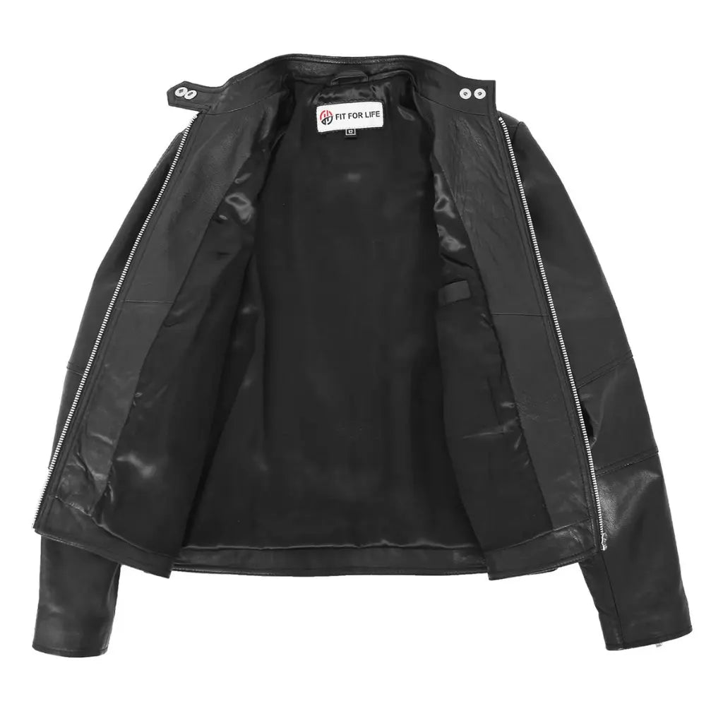 Interior view of Women's Soft Leather Casual Zip Biker Jacket Ruby Black with smooth black lining and inner pocket