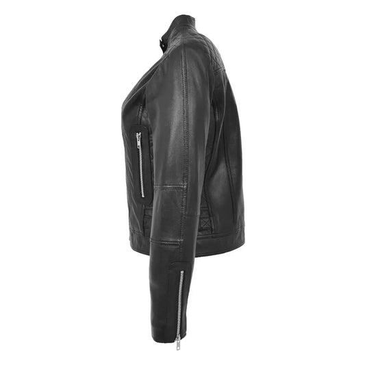 Side profile of Women's Soft Leather Casual Zip Biker Jacket Ruby Black showing zip sleeve cuffs and tailored fit