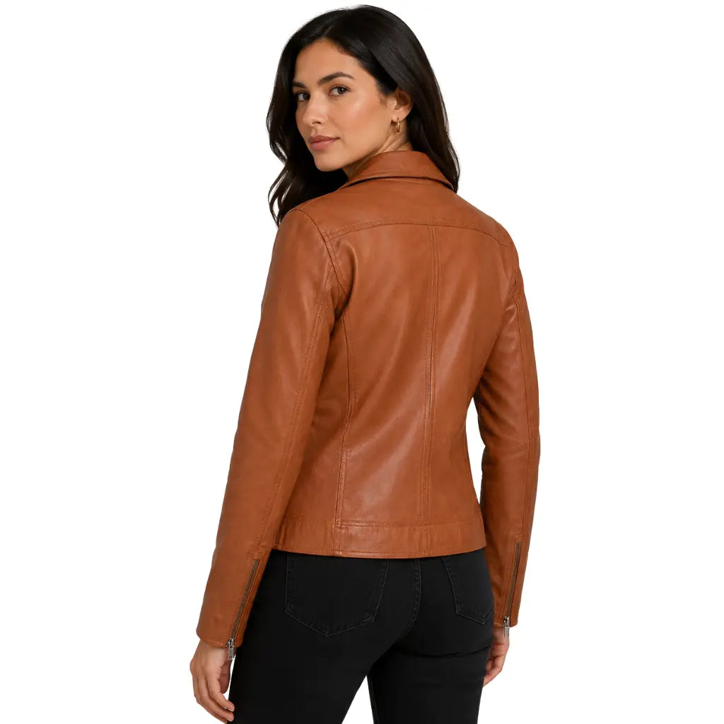 Back view of Women's Soft Leather Moto Biker Jacket in Lola Tan with clean tailored fit