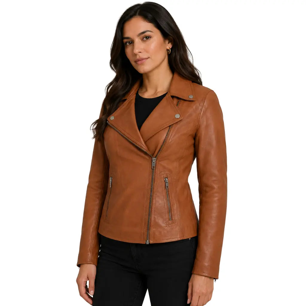 Women's Soft Leather Moto Biker Jacket in Lola Tan front view with asymmetrical zip fastening and two zip pockets