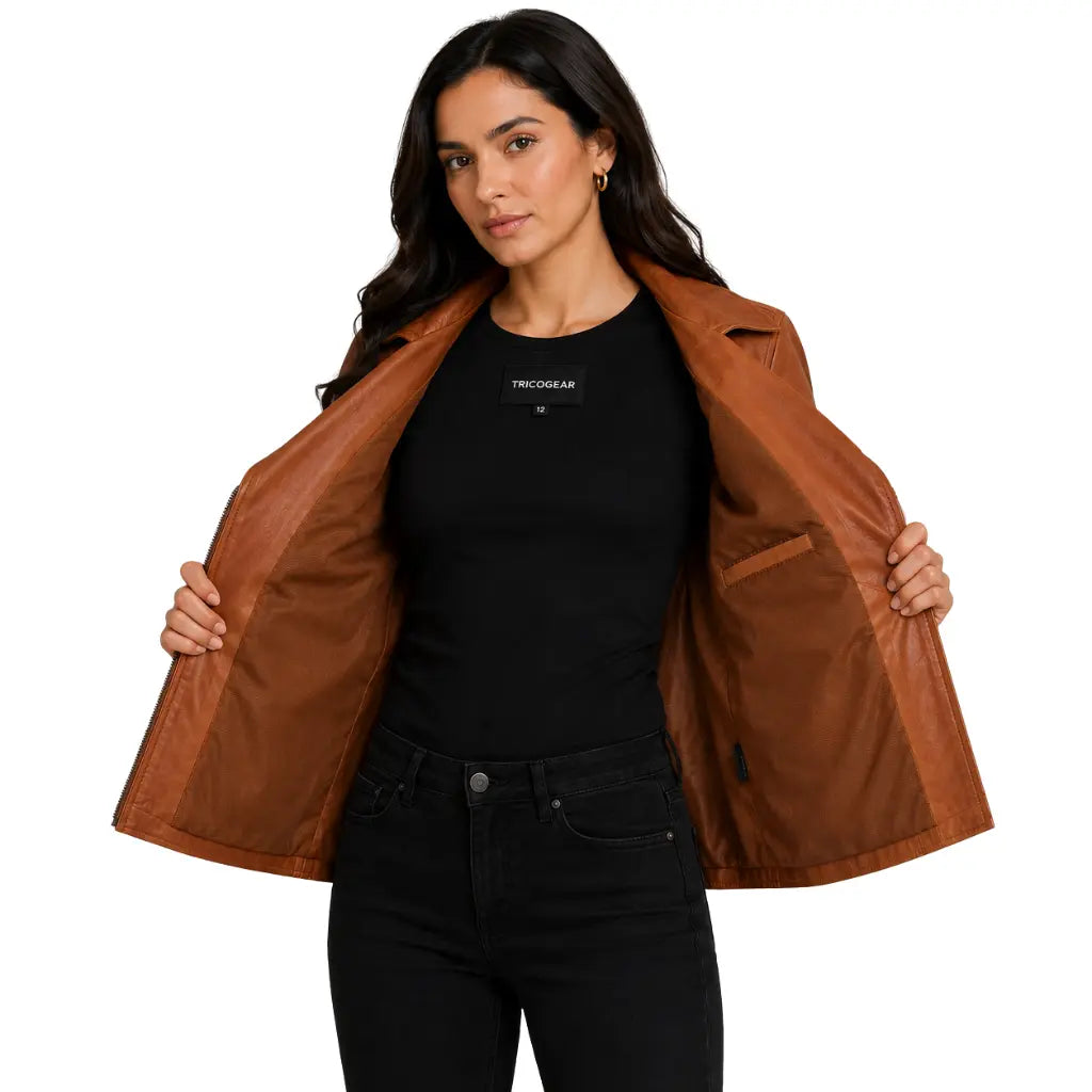 Women's Soft Leather Moto Biker Jacket in Lola Tan showing polyester lining and interior pocket