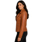 Side view of Women's Soft Leather Moto Biker Jacket in Lola Tan with slim fit silhouette