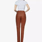 Women's brown genuine leather straight leg pants high waisted leather trousers back view with rear pockets