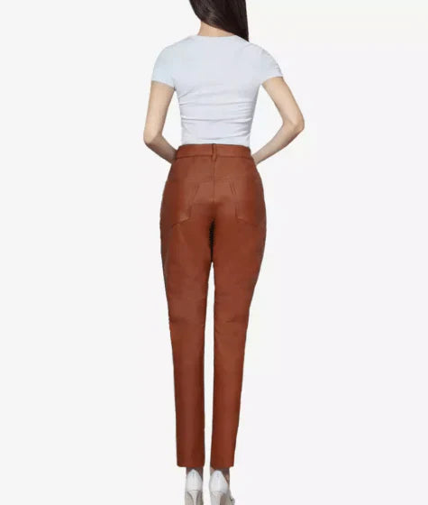 Women's brown genuine leather straight leg pants high waisted leather trousers back view with rear pockets