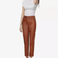 Women's straight leg brown real leather pants high waist ankle length premium genuine leather trousers front view