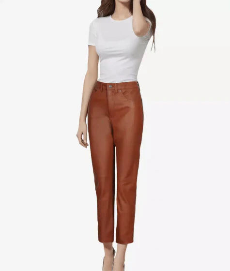 Women's straight leg brown real leather pants high waist ankle length premium genuine leather trousers front view
