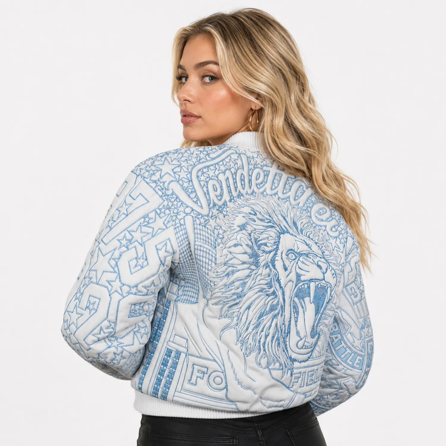 Women’s Unchained embroidered leather bomber jacket front view with blue graphic stitching