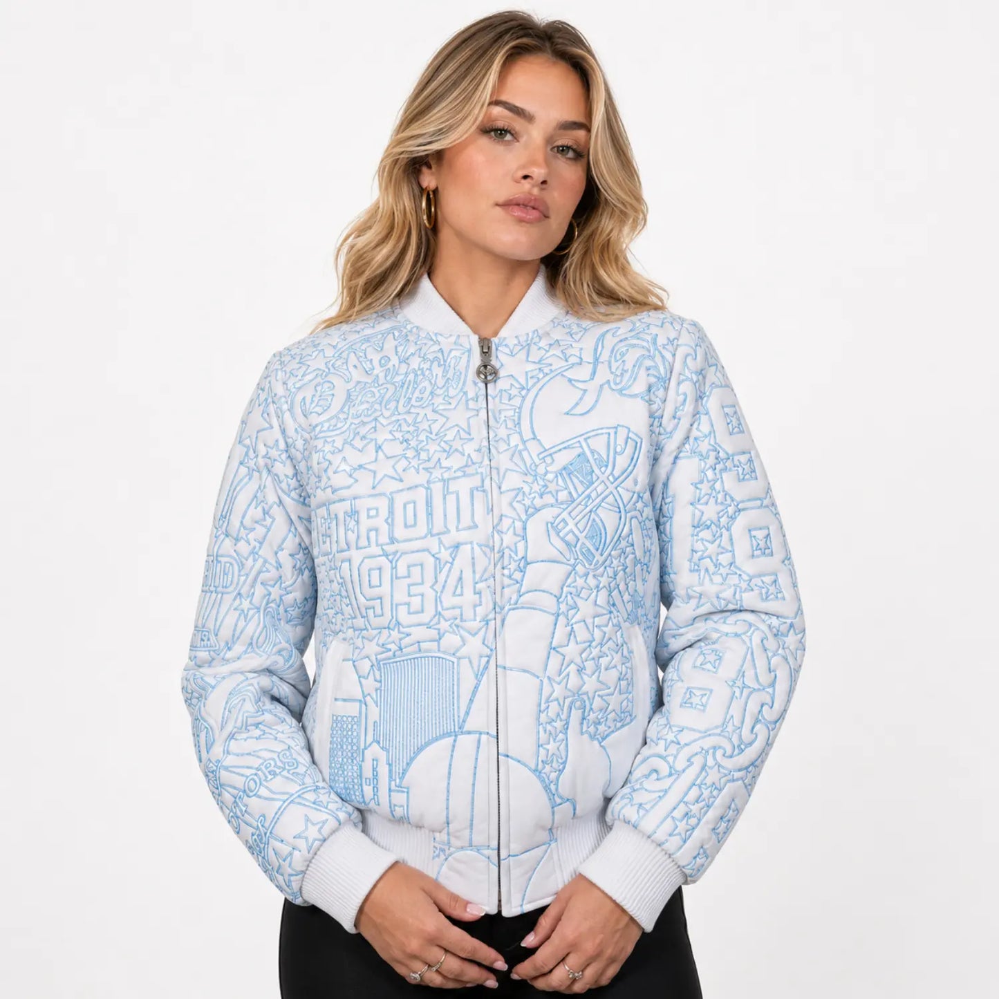 Women’s Unchained embroidered leather jacket back with roaring lion graphic