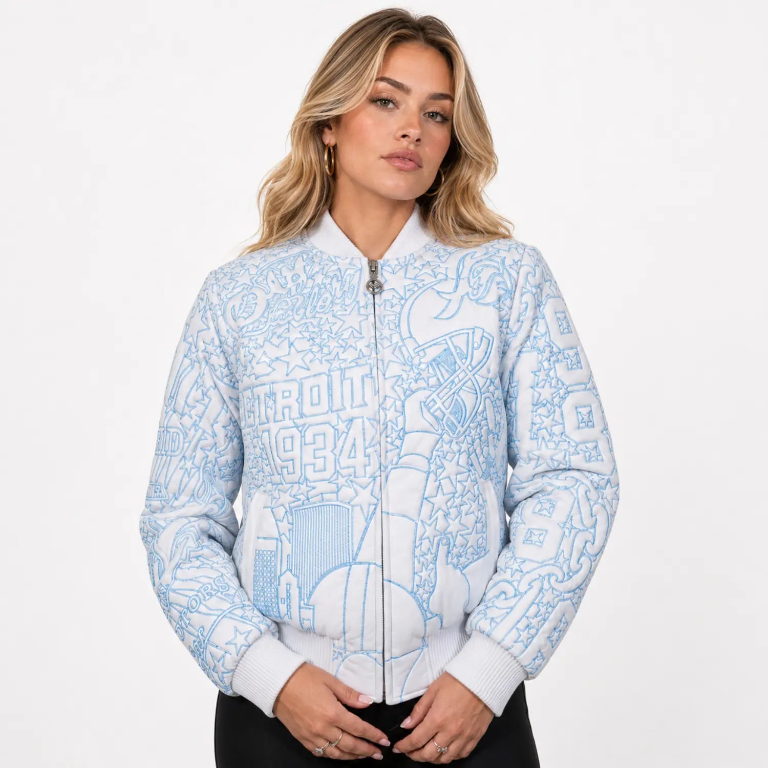 Women’s Unchained embroidered leather jacket back with roaring lion graphic