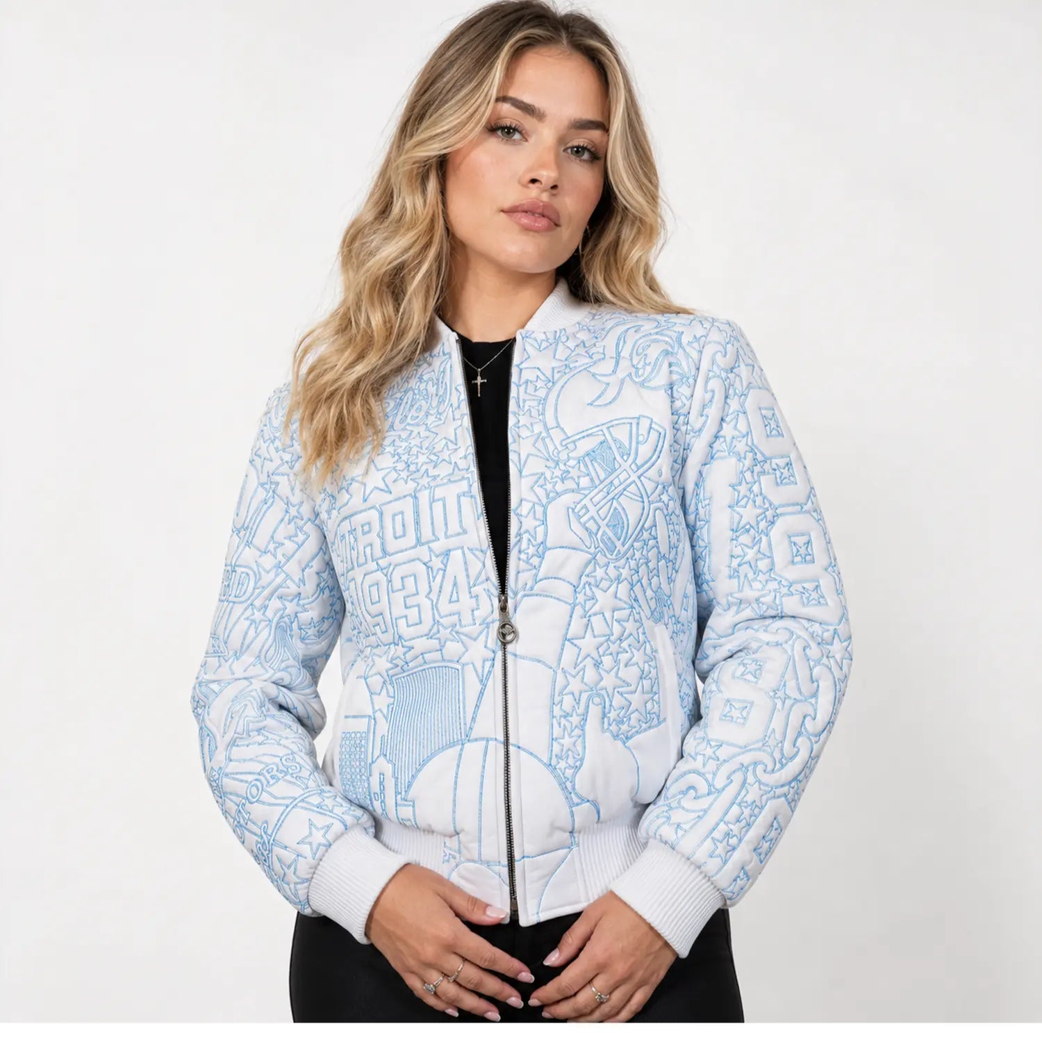 womens-unchained-embroidered-leather-bomber-jacket-model