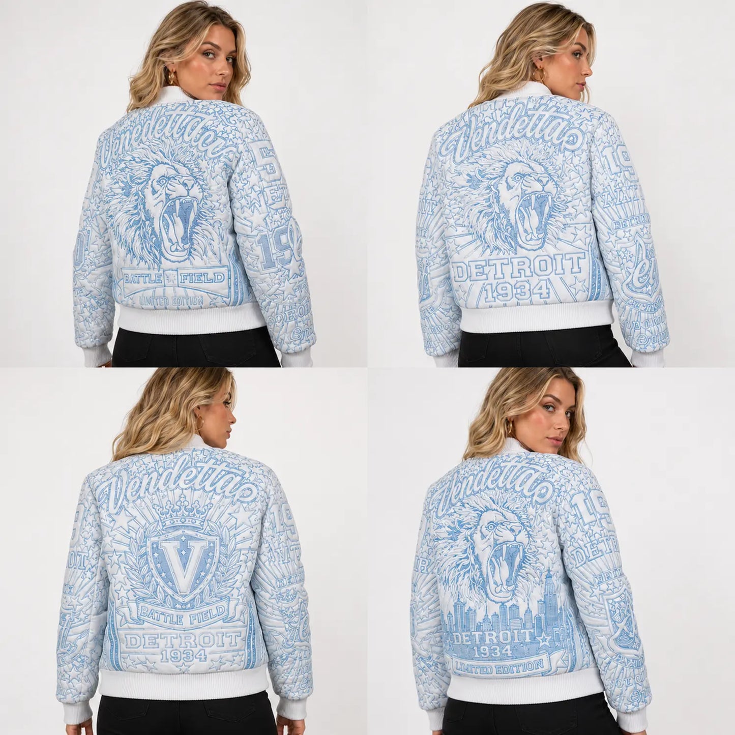 Women’s Unchained embroidered leather bomber jacket modeled from the back