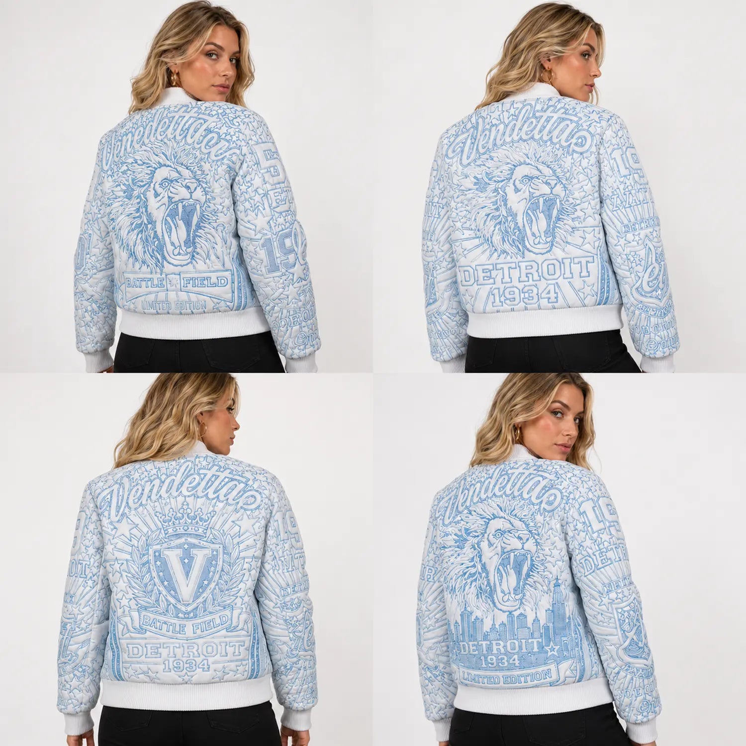 Women’s Unchained embroidered leather bomber jacket modeled from the back