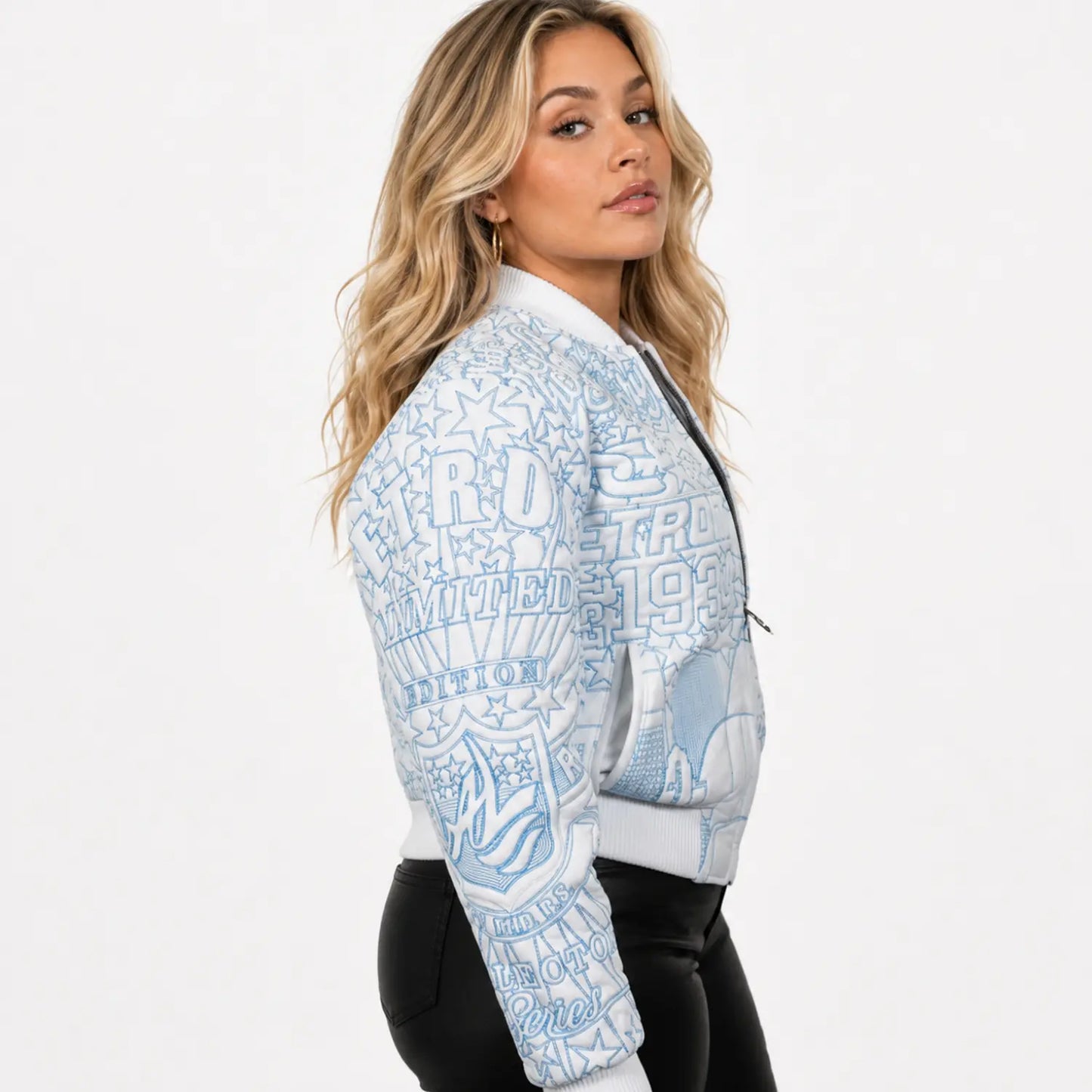 Women’s Unchained embroidered leather jacket side view with Detroit-inspired graphics