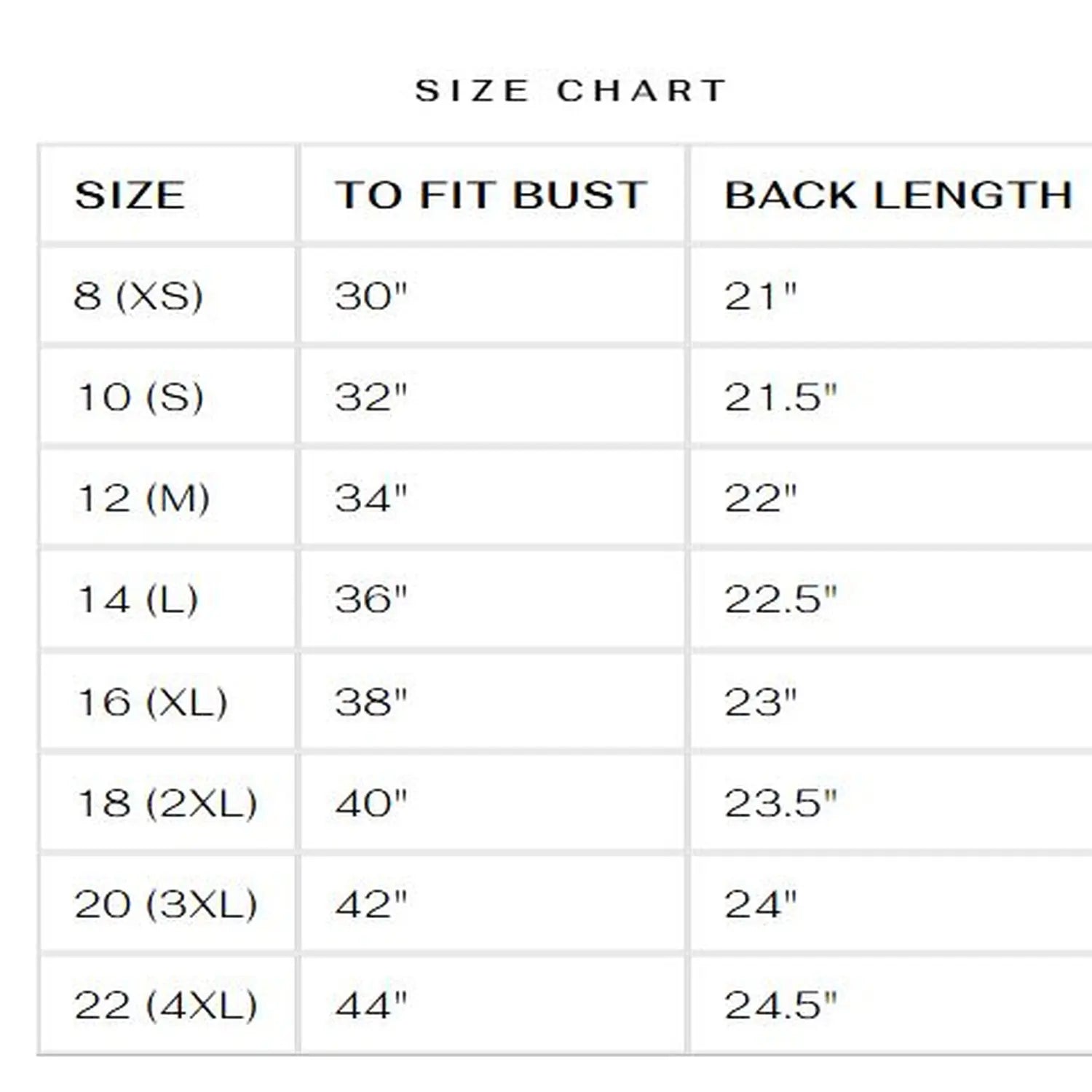 Women’s Unchained embroidered leather jacket size chart with bust and back length measurements